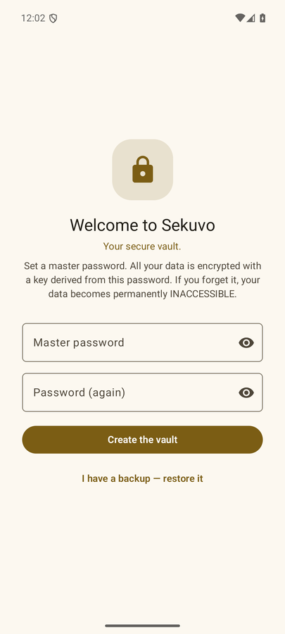 The welcome screen: set a master password, or restore a backup you already have.