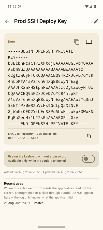 A 386-character SSH key, kept whole. The fingerprint below it lets you check a value without reading it out.