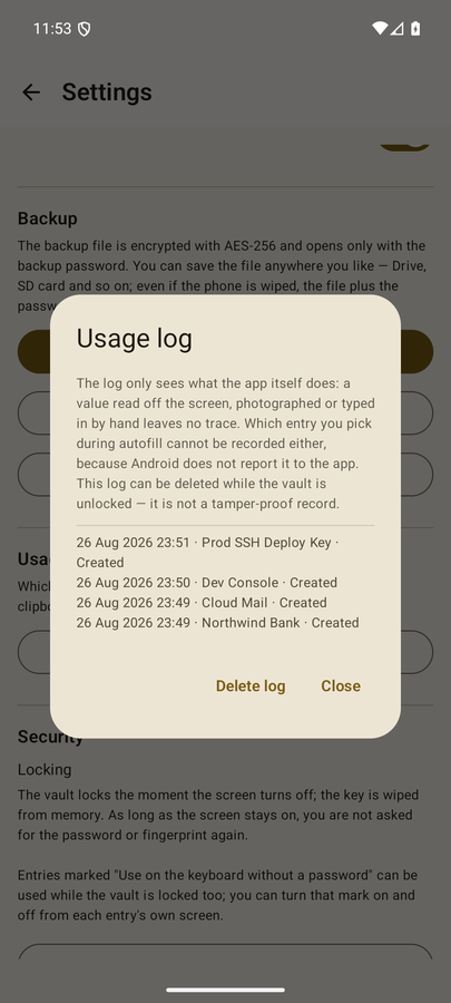 The usage log: what went where and when — never the value itself.