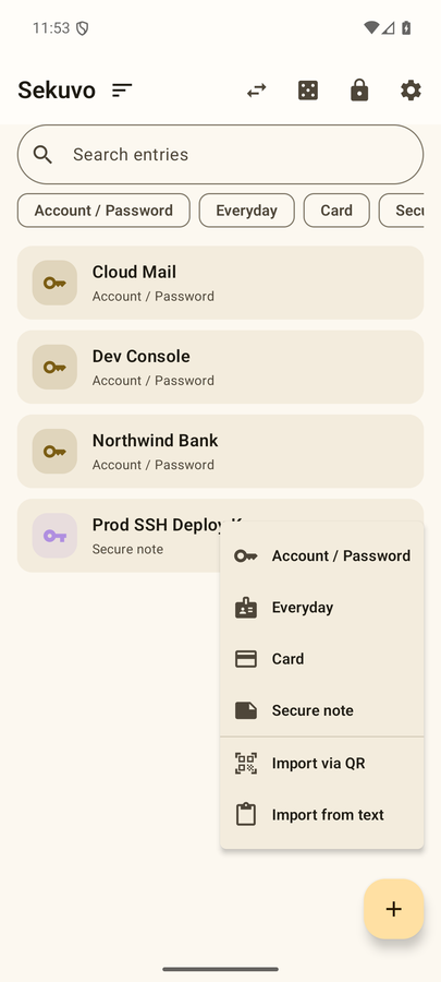 Adding something: four entry types, plus the two import routes.